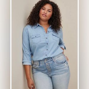Torrid Plus Size 2X Denim Button Down Shirt, NWT